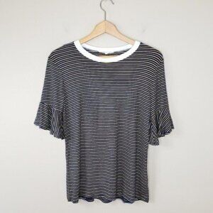 NWOT Lake Flower | Mustard Navy White Stripe Ruffle Sleeve Ringer Tee